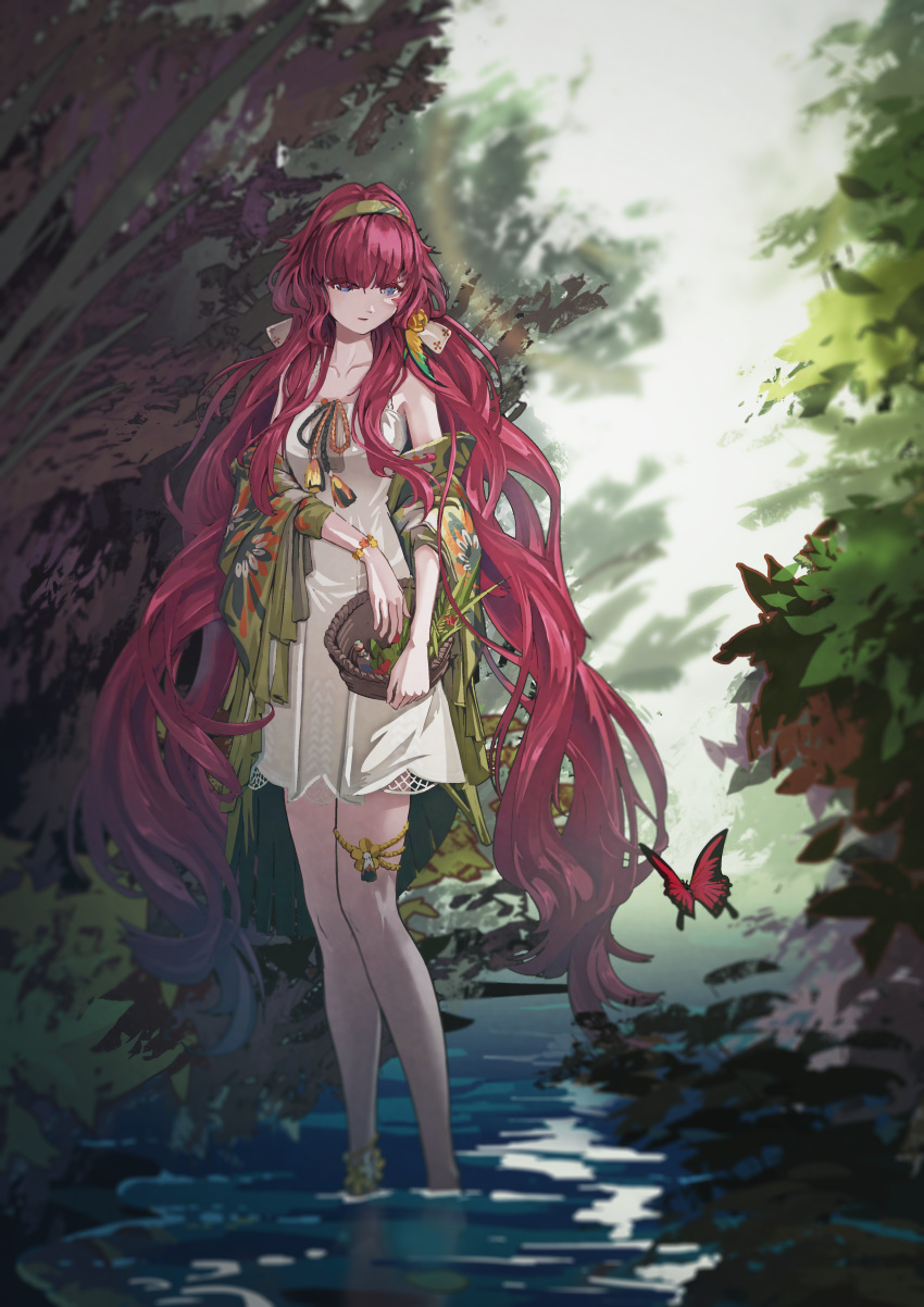 1girl, absurdres, bare_shoulders, basket, blue_eyes, bottle, bug, butterfly, capelet, dress, full_body, green_capelet, green_hairband, hairband, hei_lieba, highres, holding, holding_basket, long_hair, looking_at_animal, looking_down, low_twintails, official_alternate_costume, outdoors, plant, red_butterfly, red_hair, reverse:1999, short_dress, sleeveless, sleeveless_dress, solo, thigh_strap, twintails, very_long_hair, wading, water, white_dress, yenisei_(around_the_riverbend)_(reverse:1999), yenisei_(reverse:1999)