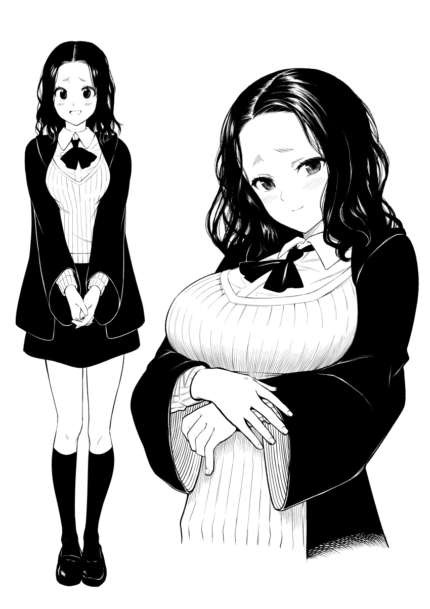 1girl, absurdres, blush, breasts, closed_mouth, collared_shirt, forehead, full_body