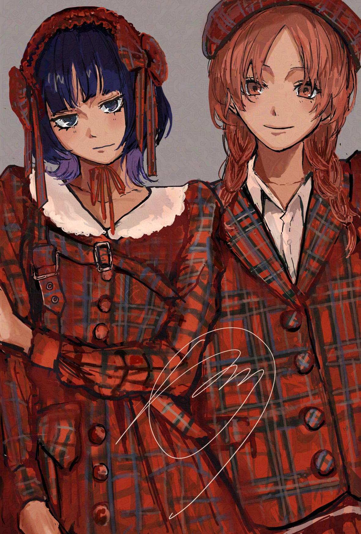 2girls, adversarial_noise, ahhirumarull2, blunt_bangs, braid, brown_eyes, brown_hair, closed_mouth, coat, collared_shirt, commentary, contrast_collar, dress_shirt, fujii_ayame, futsuu_no_keion-bu, grey_background, hat, highres, long_sleeves, mole, mole_under_eye, multiple_girls, parted_bangs, plaid_clothes, plaid_coat, plaid_hat, plaid_headdress, purple_hair, red_coat, red_hat, red_headdress, shirt, signature, smile, twin_braids, twintails, uchida_momo, violet_eyes, white_shirt, wolf_cut