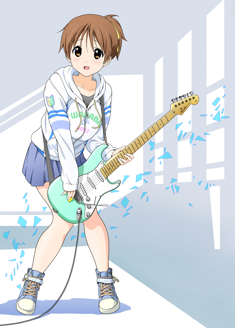 1girl, black_shirt, blue_shoes, blue_skirt, collarbone, guitar, hirasawa_ui, holding, holding_guitar, holding_instrument, hood, hoodie, instrument, k-on!, long_sleeves, looking_at_viewer, medium_hair, open_mouth, pleated_skirt, ponytail, sawanatsu_mikan, shirt, shoes, short_ponytail, skirt, sleeves_past_wrists, teeth, upper_teeth_only, white_hoodie