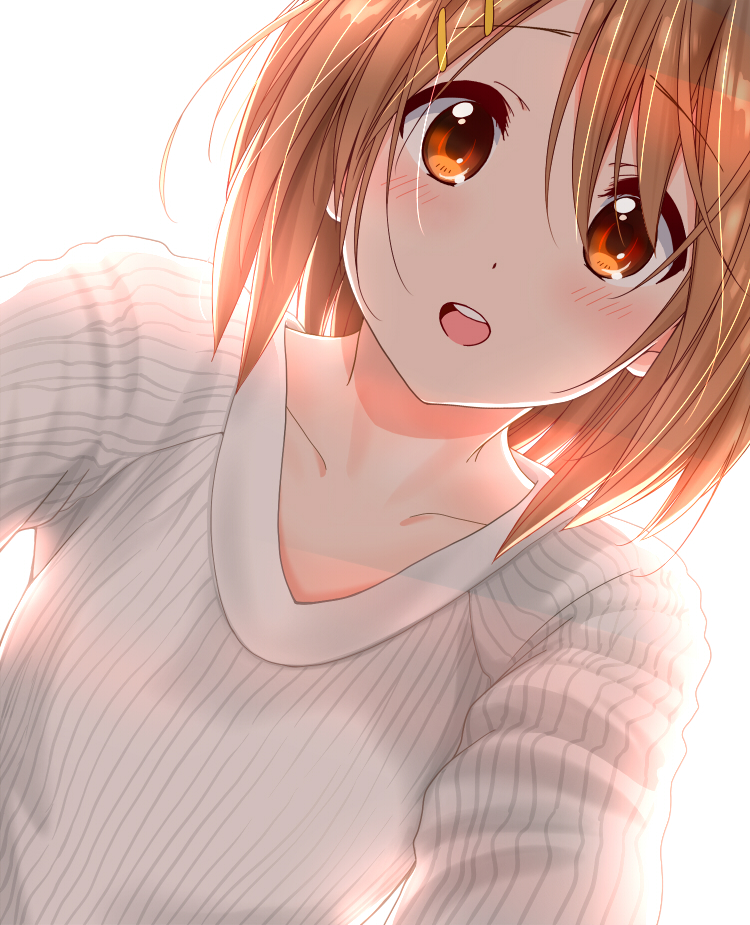 1girl, brown_eyes, brown_hair, collarbone, hair_ornament, hairclip, hirasawa_yui, k-on!, looking_at_viewer, medium_hair, open_mouth, sawanatsu_mikan, shirt, simple_background, teeth, upper_teeth_only, white_background, white_shirt