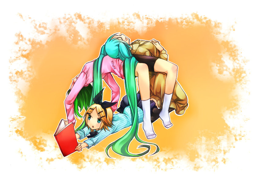 backbend, blonde_hair, book, closed_eyes, dress, eyes_closed, footwear, green_hair