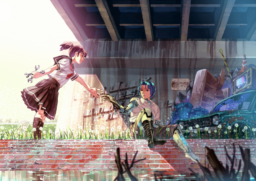 android, bad_id, blue_hair, brick, bridge, brown_hair, car, dandelion, flower, junk, motor_vehicle, original, ponytail, reaching, sailor_collar, school_uniform, short_hair, television, test_card, tyouseki, vehicle, water, wrench