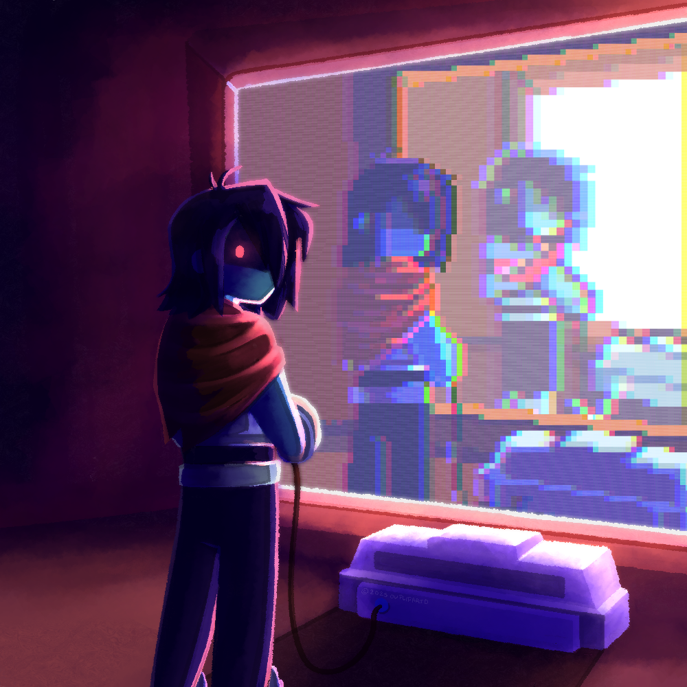 3others, blue_hair, blue_skin, cape, colored_skin, deltarune, duplicarto, glowing, glowing_eye, hero_sword_(deltarune), kris_(dark_world)_(deltarune), kris_(deltarune), looking_at_viewer, looking_back, multiple_others, multiple_persona, other_focus, pixelated, recursion, red_cape, screen, shaded_face, short_hair, standing