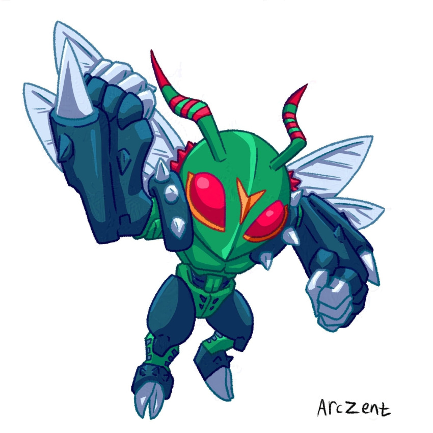 arczent, bug, chibi, digimon, digimon_(creature), full_body, highres, insect_wings, red_eyes, shoulder_spikes, simple_background, solo, spikes, stingmon, white_background, wings