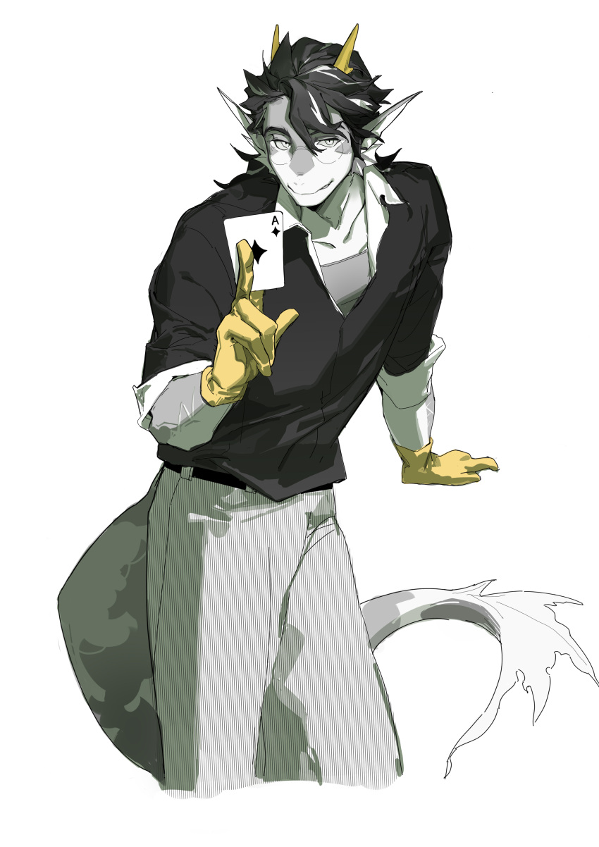 1boy, absurdres, ace_(playing_card), ace_of_diamonds, arknights, black_shirt, card, closed_mouth, diamond_(shape), dragon_boy, dragon_ears, dragon_horns, english_commentary, fins, fish_tail, furry, furry_male, gloves, grey_pants, highres, holding, holding_card, horns, lee_(arknights), looking_at_viewer, male_focus, minton1senci, pants, playing_card, round_eyewear, shirt, smile, tail, yellow_gloves