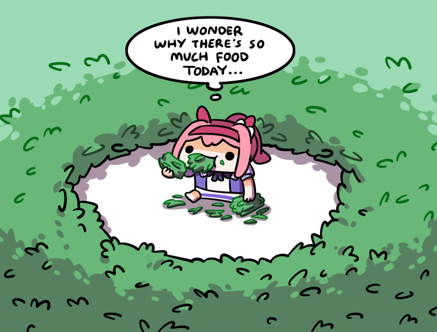 1girl, animal_ears, black_ribbon, bow, chibi, eating, english_text, food_in_mouth