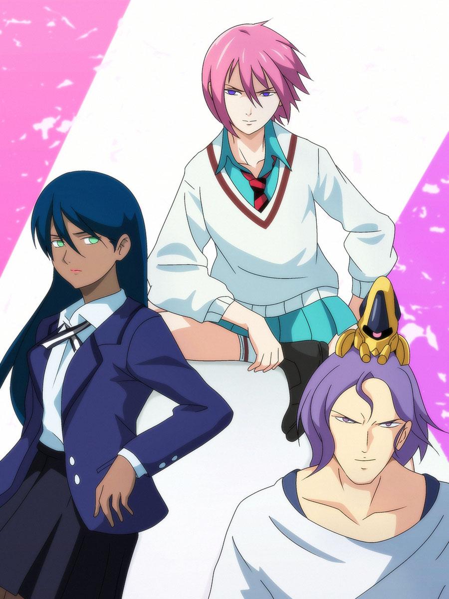 1boy, 2girls, amate_yuzuriha, amate_yuzuriha_(cosplay), aqua_skirt, blue_hair, collarbone, commentary_request, cosplay, dark-skinned_female, dark_skin, green_eyes, gundam, gundam_gquuuuuux, haman_karn, highres, lalah_sune, long_sleeves, mobile_suit_gundam, multiple_girls, necktie, nyaan_(gundam_gquuuuuux), nyaan_(gundam_gquuuuuux)_(cosplay), paptimus_scirocco, pink_hair, puffy_long_sleeves, puffy_sleeves, salmon_knight, shuji_ito, shuji_ito_(cosplay), skirt, smile, the_o_(mobile_suit), two-tone_necktie, violet_eyes, zeta_gundam