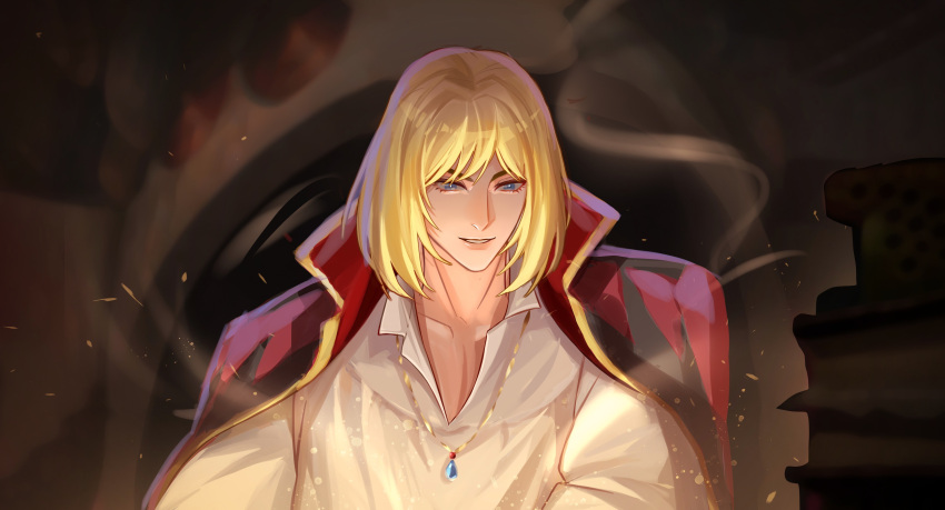 1boy, absurdres, argyle_clothes, argyle_jacket, blonde_hair, blue_eyes, collarbone, gold_necklace