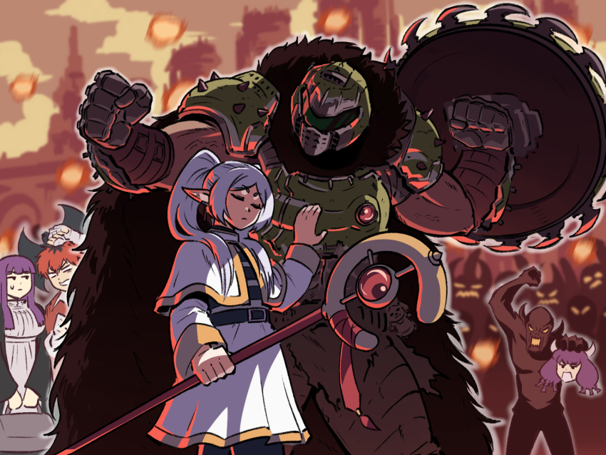 3boys, 3girls, :t, armor, aura_(sousou_no_frieren), axe, battle_axe, capelet