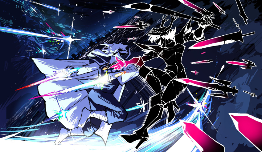 1boy, 1girl, alternate_form, animal_ears, armor, asriel_dreemurr, asriel_dreemurr_(god_of_hyperdeath), bandaged_leg