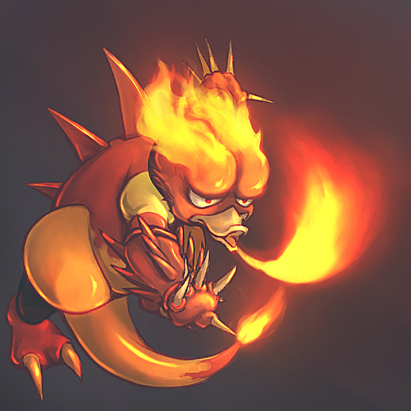 arm_spikes, back_spikes, beak, breath_weapon, breathing_fire, claws, commentary_request, fire, flame-tipped_tail, full_body, grey_background, magmar, masainu, outstretched_arms, pokemon, pokemon_(creature), pokemon_focus, solo, spikes, tail