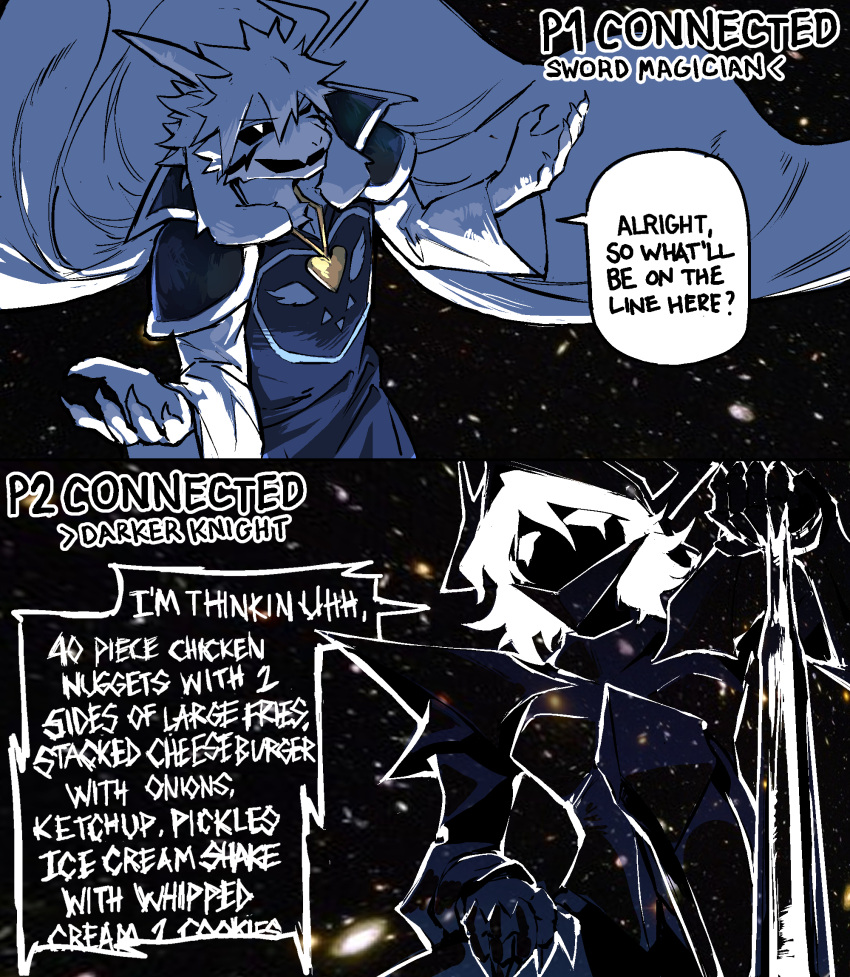 1boy, 1girl, alternate_form, animal_ears, armor, asriel_dreemurr, asriel_dreemurr_(god_of_hyperdeath), black_sclera