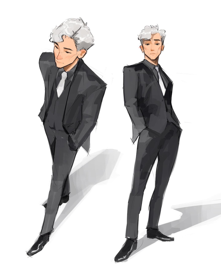 1boy, black_eyes, black_skirt, black_suit, black_vest, chiseled_face, collared_shirt, contrapposto, curly_hair, dress_shoes, from_behind, hands_in_pockets, highres, looking_at_viewer, multiple_views, necktie, original, sam_yang, shadow, shirt, simple_background, skirt, suit, swept_bangs, vest, walking, white_background, white_hair, white_necktie