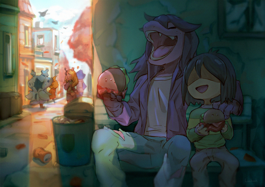 alley, bench, blue_pants, brown_hair, burger, can, colored_skin, crack, cracked_wall, day, deltarune, denim, fangs, feet_out_of_frame, food, freckles, furry, furry_female, green_sweater, holding, holding_food, jeans, kris_(deltarune), lanbook, long_hair, noelle_holiday, on_bench, open_mouth, outdoors, pants, pink_skin, shaded_face, short_hair, sitting, smile, snowdrake, susie_(deltarune), sweater, torn_clothes, torn_jeans, torn_pants, trash_can, window