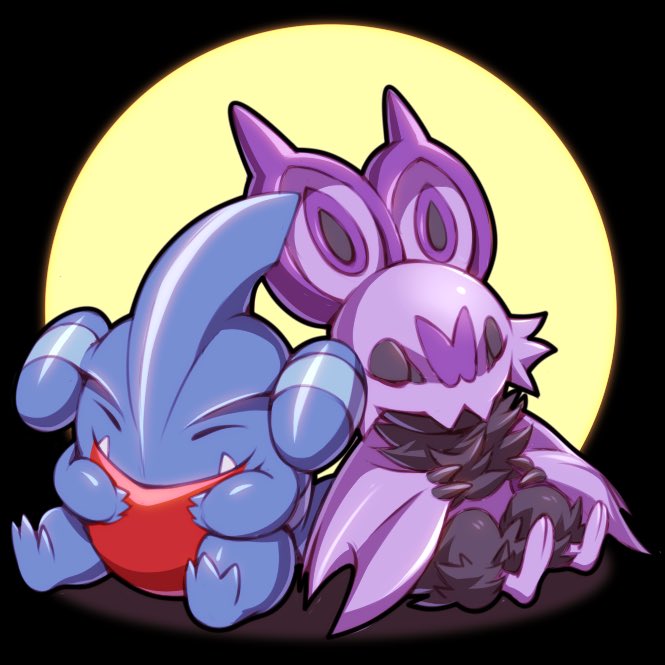 2others, closed_eyes, closed_mouth, dorsal_fin, english_commentary, fangs, fangs_out, full_moon