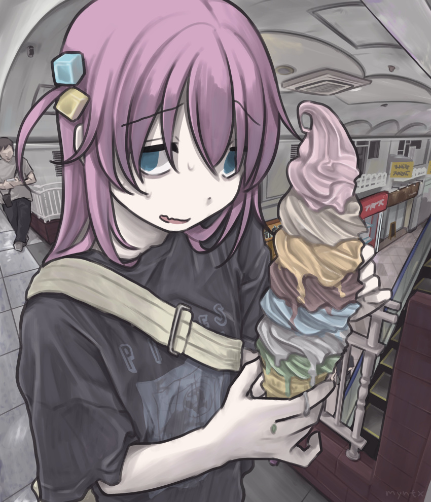 1girl, absurdres, alternate_costume, bag, blue_eyes, bocchi_the_rock!, cube_hair_ornament, fang