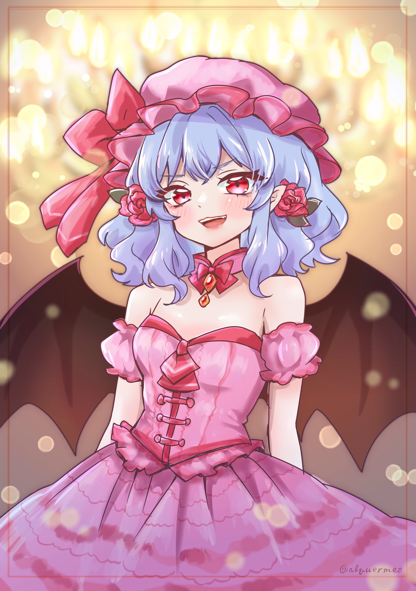 1girl, :d, ascot, bare_shoulders, bat_wings, blue_hair, blush, bow