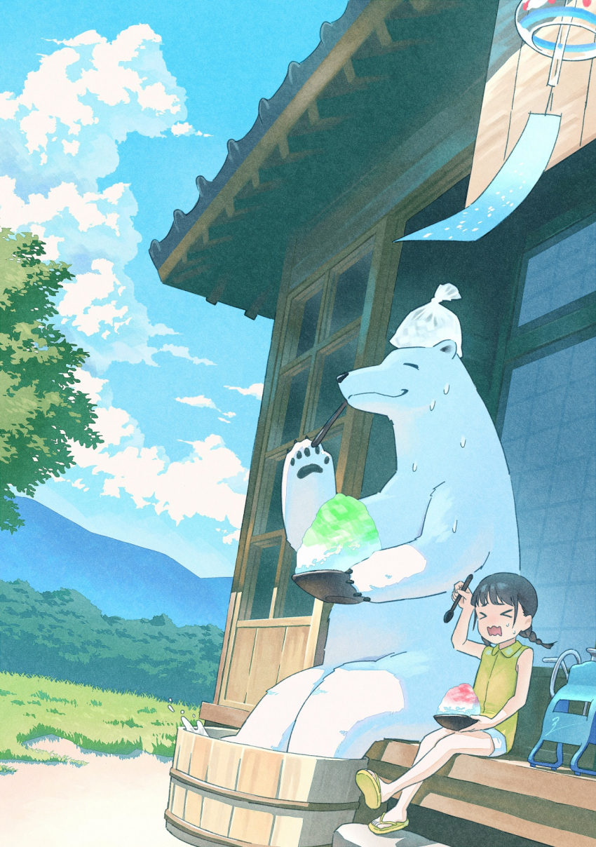 >_<, 1girl, arm_up, bear, black_hair, blue_sky, bowl, braid