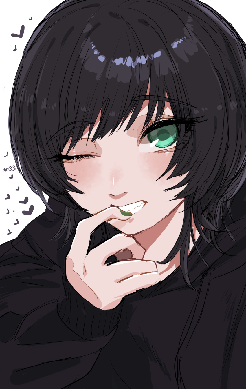 1girl, absurdres, black_hair, black_hoodie, green_eyes, green_nails, hand_up, highres, hood, hoodie, koucha_(pankeki_koucha), looking_at_viewer, original, short_hair, solo, tomboy, upper_body, white_background, wolf_cut