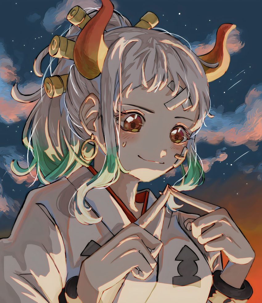 1girl, absurdres, bandaid, bandaid_on_face, blush, closed_mouth, clouds, commentary