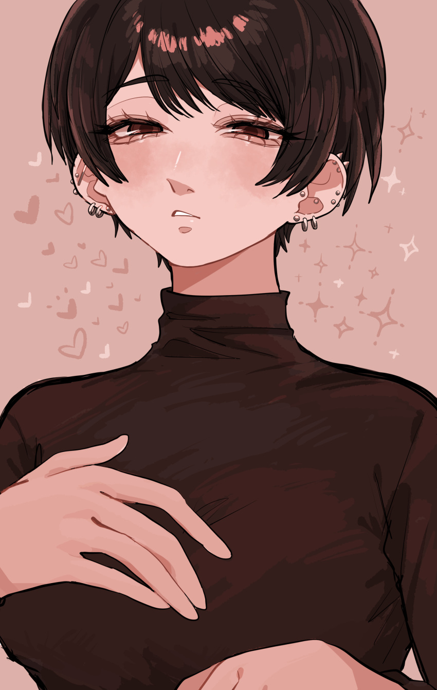 1girl, absurdres, black_shirt, blush, ear_piercing, earrings, heart, highres