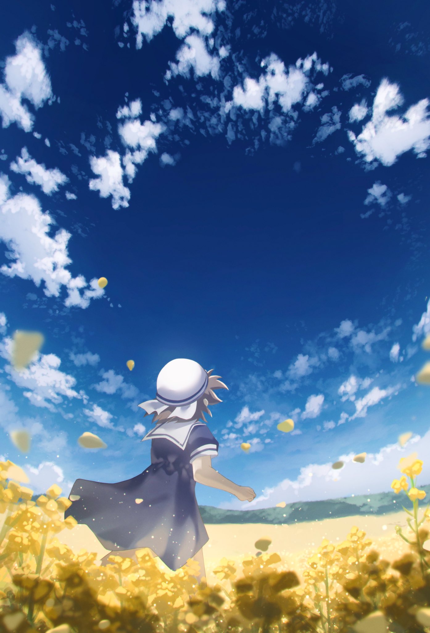 1girl, asukake_project, blue_dress, blue_sky, brown_hair, child, clannad, clenched_hand, clouds, day, dress, falling_petals, field, floating_hair, flower, flower_field, from_behind, hashtag-only_commentary, hat, highres, kindergarten_uniform, okazaki_ushio, outdoors, petals, running, sailor_collar, sailor_hat, scenery, short_hair, short_sleeves, sky, solo, white_hat, white_sailor_collar, wide_shot, yellow_flower