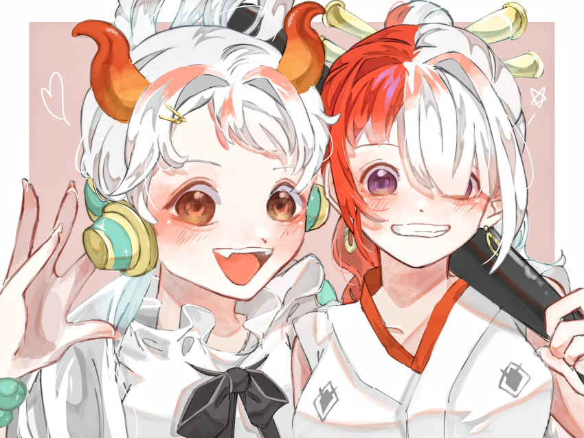 2girls, border, club_(weapon), commentary_request, earrings, hair_over_one_eye, headphones, heart, highres, holding, holding_weapon, horns, japanese_clothes, jewelry, kanabou, kimono, multiple_girls, one_piece, one_piece_film:_red, open_mouth, orange_eyes, red_hair, sidelocks, simple_background, smile, u_mi031, uta_(one_piece), weapon, white_border, white_hair, white_kimono, yamato_(one_piece)