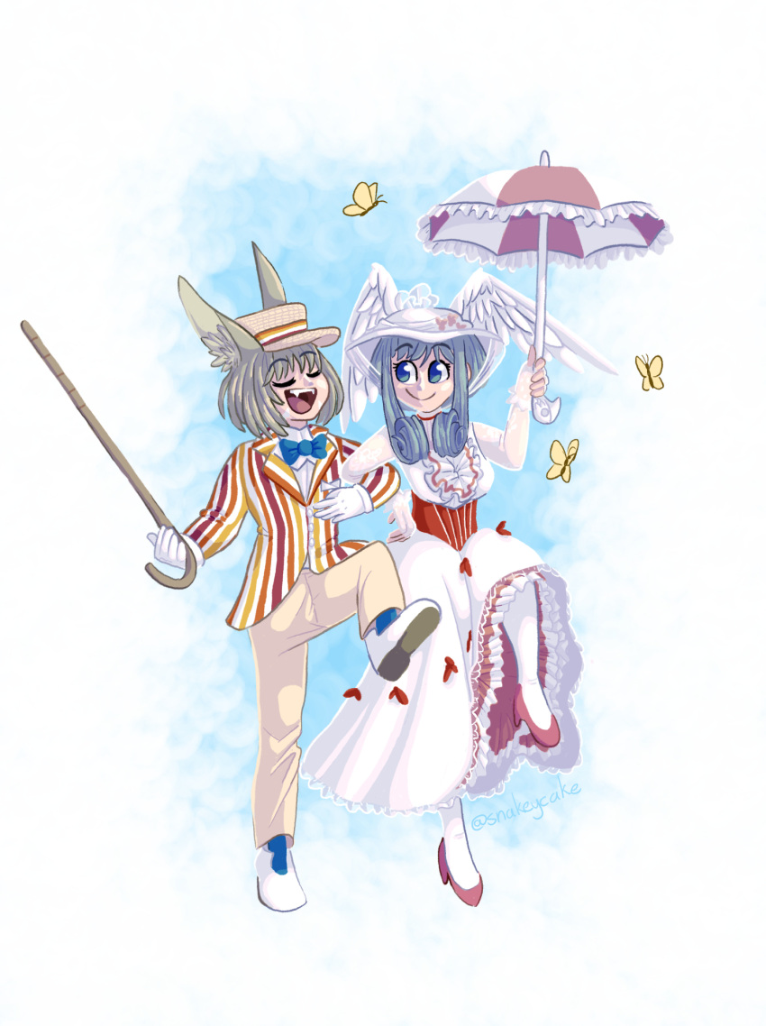 2girls, :d, animal_ears, bert_(mary_poppins), bert_(mary_poppins)_(cosplay), blue_necktie, bug, butterfly