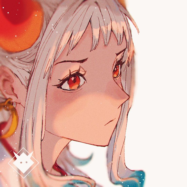 1girl, close-up, closed_mouth, commentary_request, earrings, eyelashes, horns, jewelry, looking_ahead, one_piece, orange_eyes, ponytail, sidelocks, simple_background, solo, u_mi031, white_background, white_hair, yamato_(one_piece)