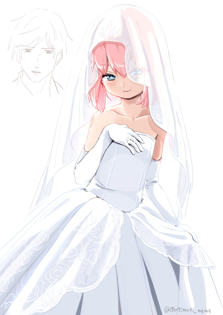 1boy, absurdres, artist_name, bare_shoulders, blue_eyes, bridal_veil, closed_mouth, collarbone