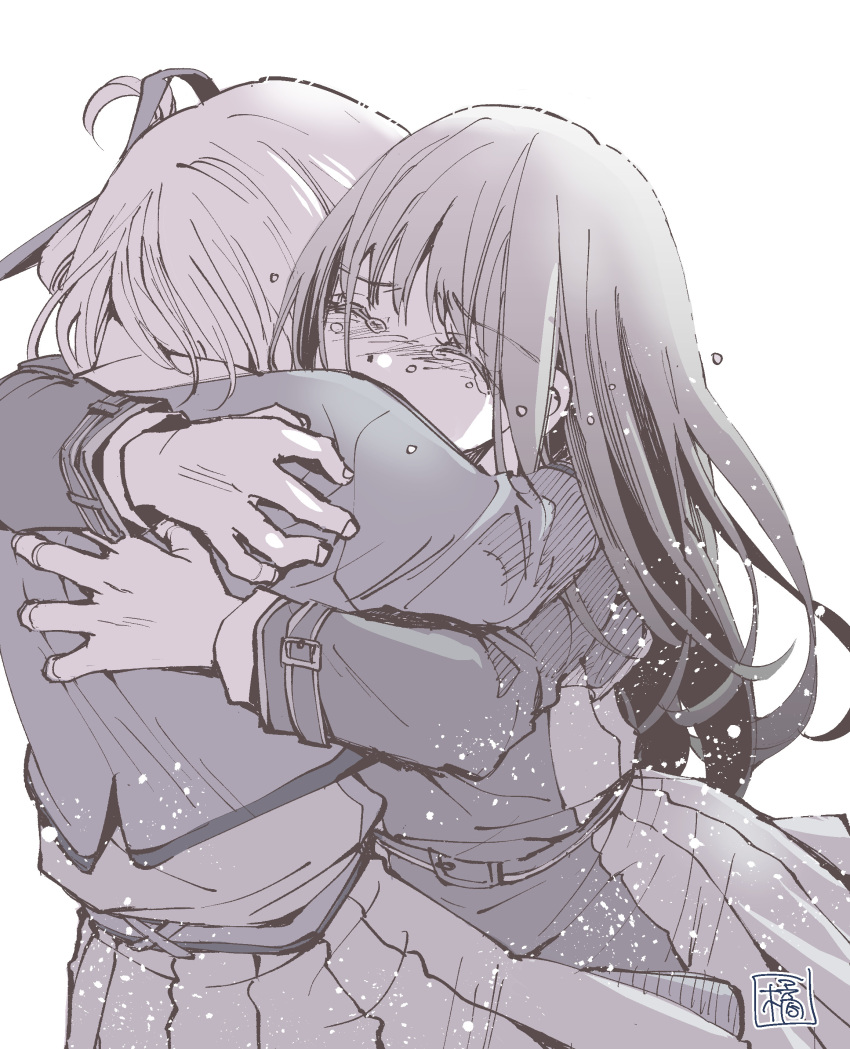 2girls, absurdres, arm_strap, belt, belt_buckle, blush, buckle, closed_eyes, commentary_request, covered_mouth, cowboy_shot, crying, dress, greyscale, highres, hug, inoue_takina, long_hair, long_sleeves, lycoris_recoil, lycoris_uniform, monochrome, multiple_girls, mutual_hug, nishikigi_chisato, nose_blush, pleated_dress, raised_inner_eyebrows, short_hair, simple_background, standing, white_background, yuri, yutakanohanasi