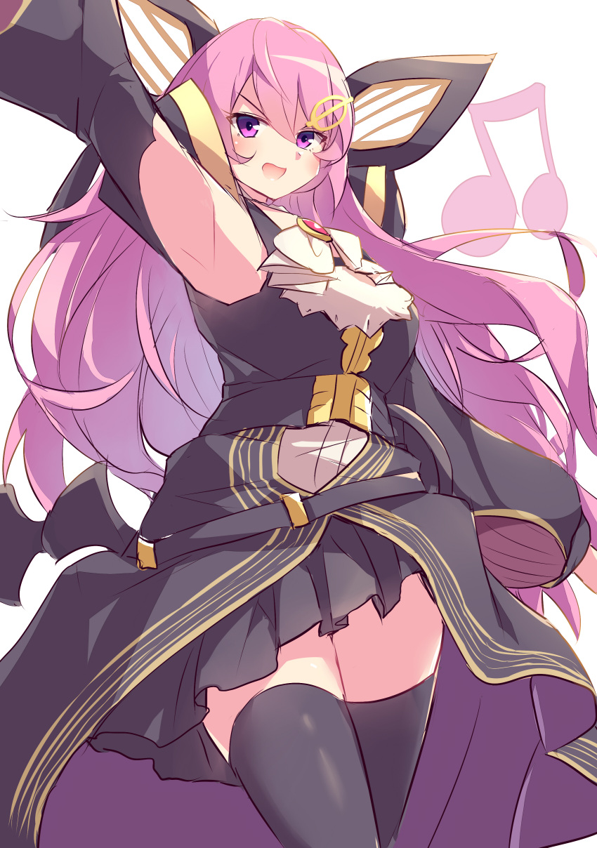 1girl, absurdres, ascot, black_dress, black_gloves, black_thighhighs, blush, breasts, commentary_request, dosolfachord_coolia, dress, duel_monster, elbow_gloves, gloves, hair_between_eyes, hair_ornament, highres, holding, holding_staff, kanzakietc, large_breasts, long_hair, long_sleeves, looking_at_viewer, musical_note, musical_staff, open_mouth, pink_hair, simple_background, smile, solo, staff, thigh-highs, thighs, very_long_hair, violet_eyes, white_ascot, white_background, yu-gi-oh!
