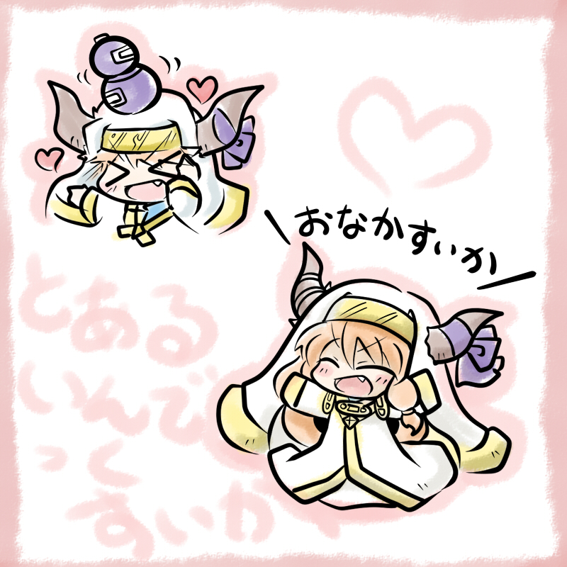 >_<, chibi, cosplay, fang, gourd, habit, heart, horn_ribbon