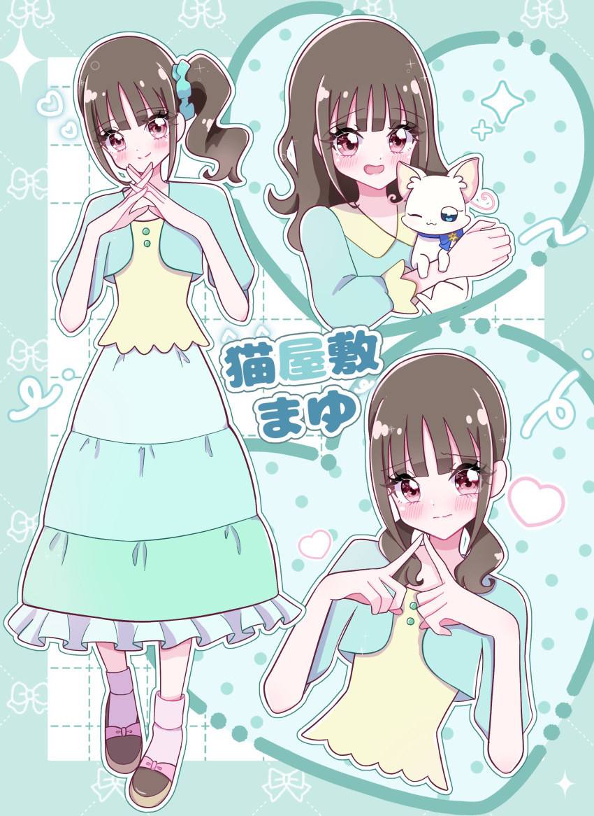1girl, absurdres, animal, aqua_border, aqua_cardigan, aqua_scrunchie, aqua_skirt, black_hair