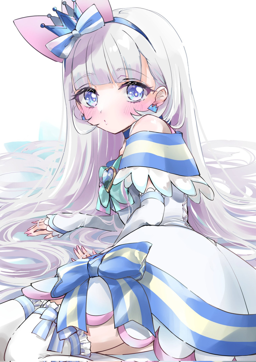 1girl, aqua_bow, aqua_bowtie, bare_shoulders, blue_brooch, blue_choker, blue_crown, blue_eyes