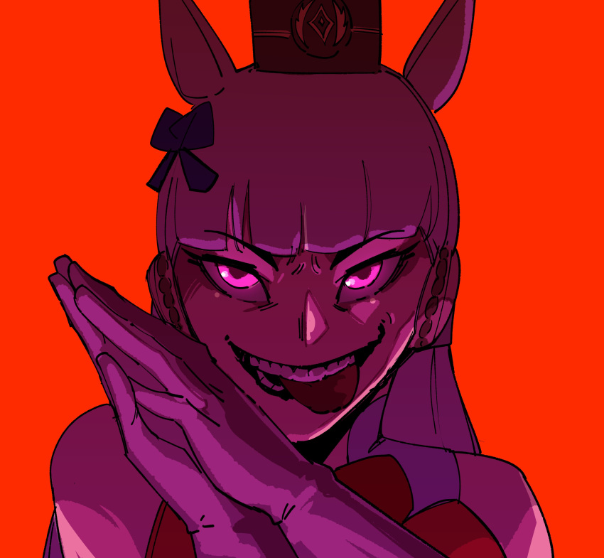 1girl, absurdres, animal_ears, biting_own_tongue, evil_eyes, evil_smile, glowing, glowing_eyes