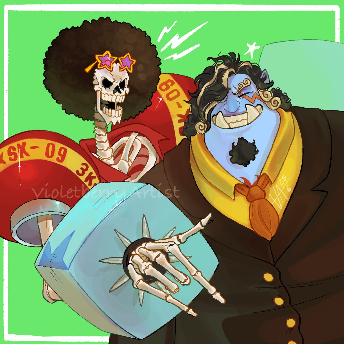 2boys, ^_^, afro, black_hair, black_suit, blue_skin, brook_(one_piece), closed_eyes, colored_skin, commentary, cosplay, eyewear_on_head, facial_hair, franky_(one_piece), franky_(one_piece)_(cosplay), goatee, green_background, hair_over_one_eye, highres, jinbe_(one_piece), male_focus, multiple_boys, necktie, one_piece, sanji_(one_piece), sanji_(one_piece)_(cosplay), scar, scar_across_eye, scar_on_face, sharp_teeth, shirt, skeleton, smile, suit, teeth, violetberryartist, yellow_shirt