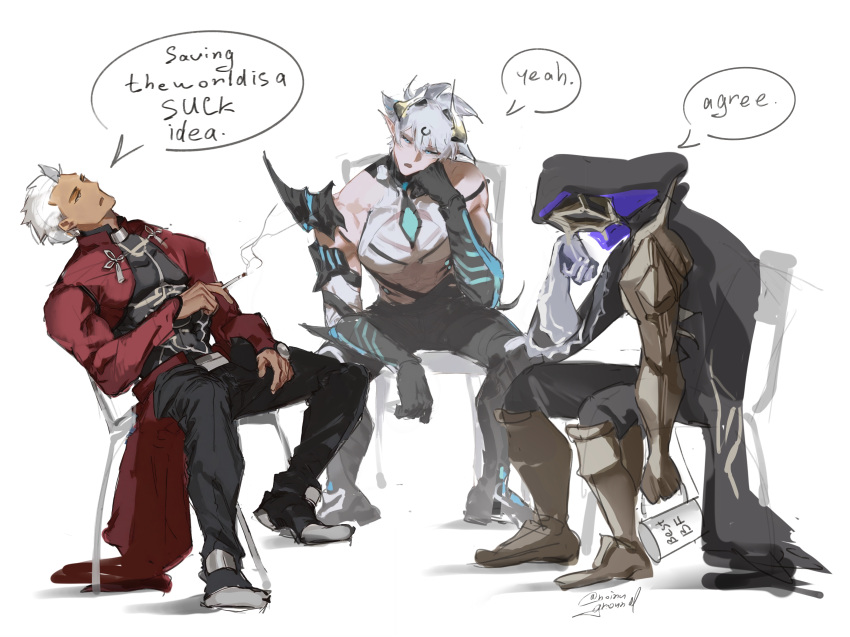3boys, absurdres, archer_(fate), armored_gloves, black_hood, black_pants, black_shoes, boots