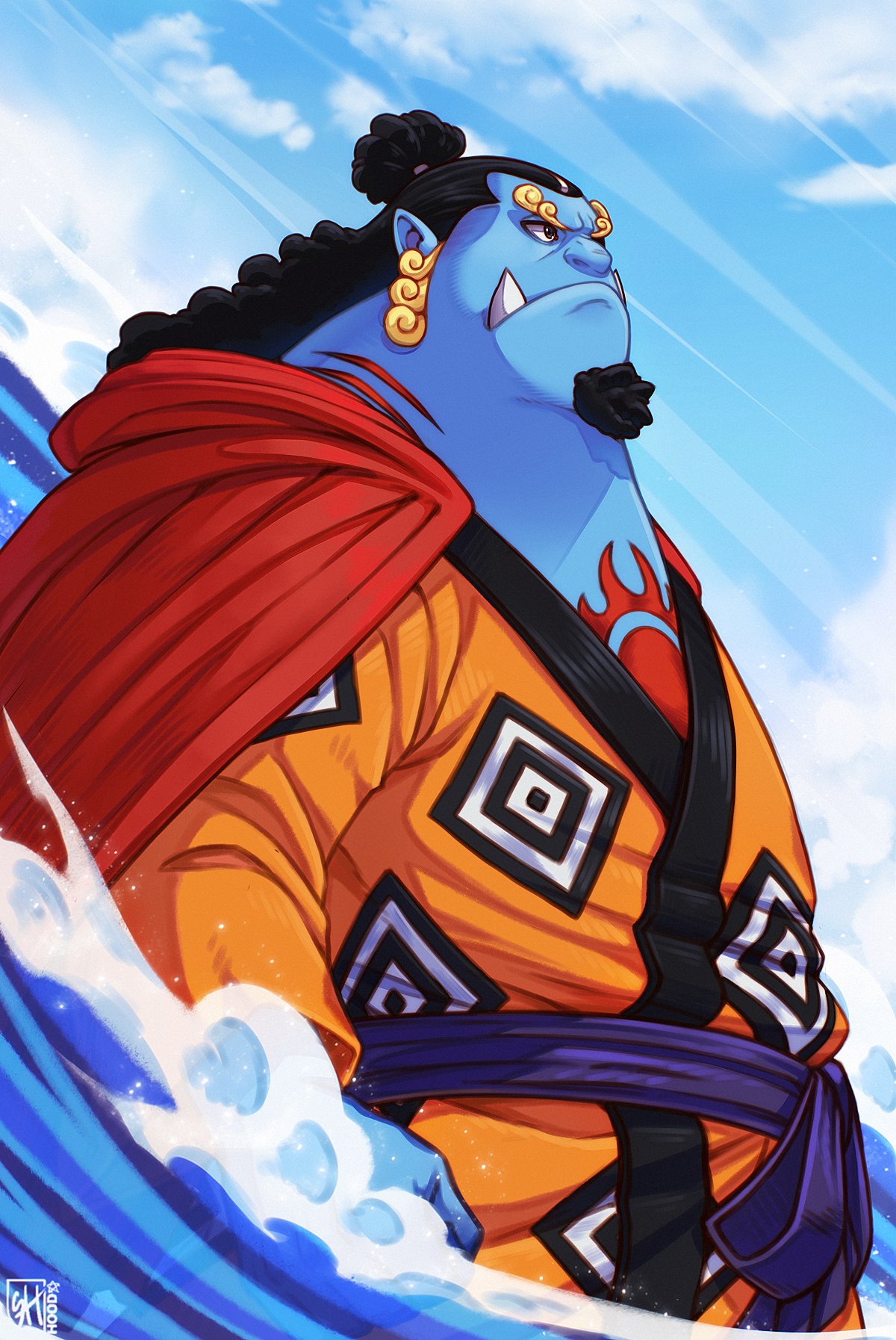 1boy, black_hair, blue_skin, chest_tattoo, clouds, colored_skin, commentary, cowboy_shot