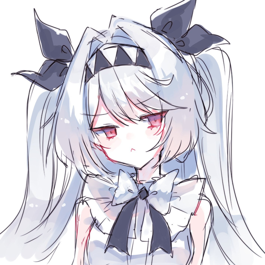 1girl, :<, black_bow, black_bowtie, bow, bowtie, closed_mouth, hair_bow