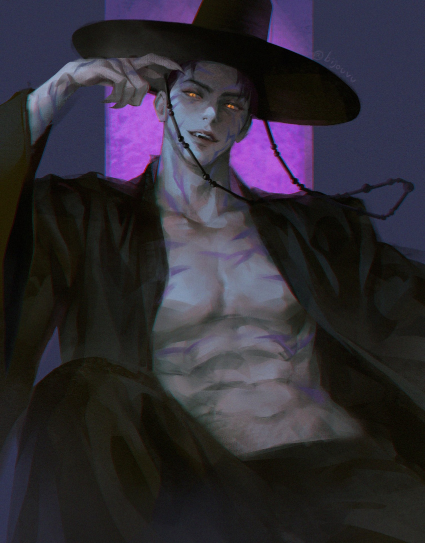 1boy, abs, bijouvu, black_hat, black_pants, fang, hashtag-only_commentary, hat, highres, jinu_(kpop_demon_hunters), kpop_demon_hunters, looking_at_viewer, male_focus, open_clothes, pants, short_hair, sitting, smile, solo, twitter_username, wide_sleeves