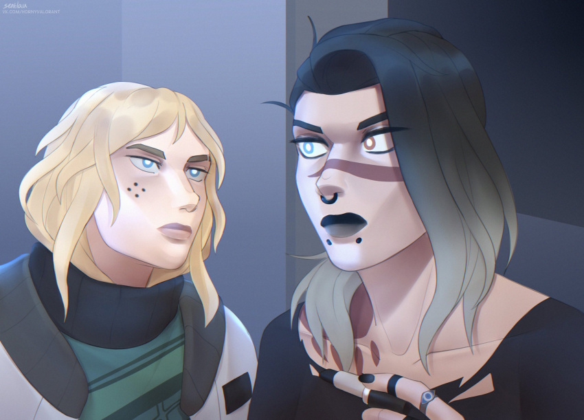 2girls, ahoge, artist_name, black_hair, black_lips, black_nails, black_shirt, blonde_hair