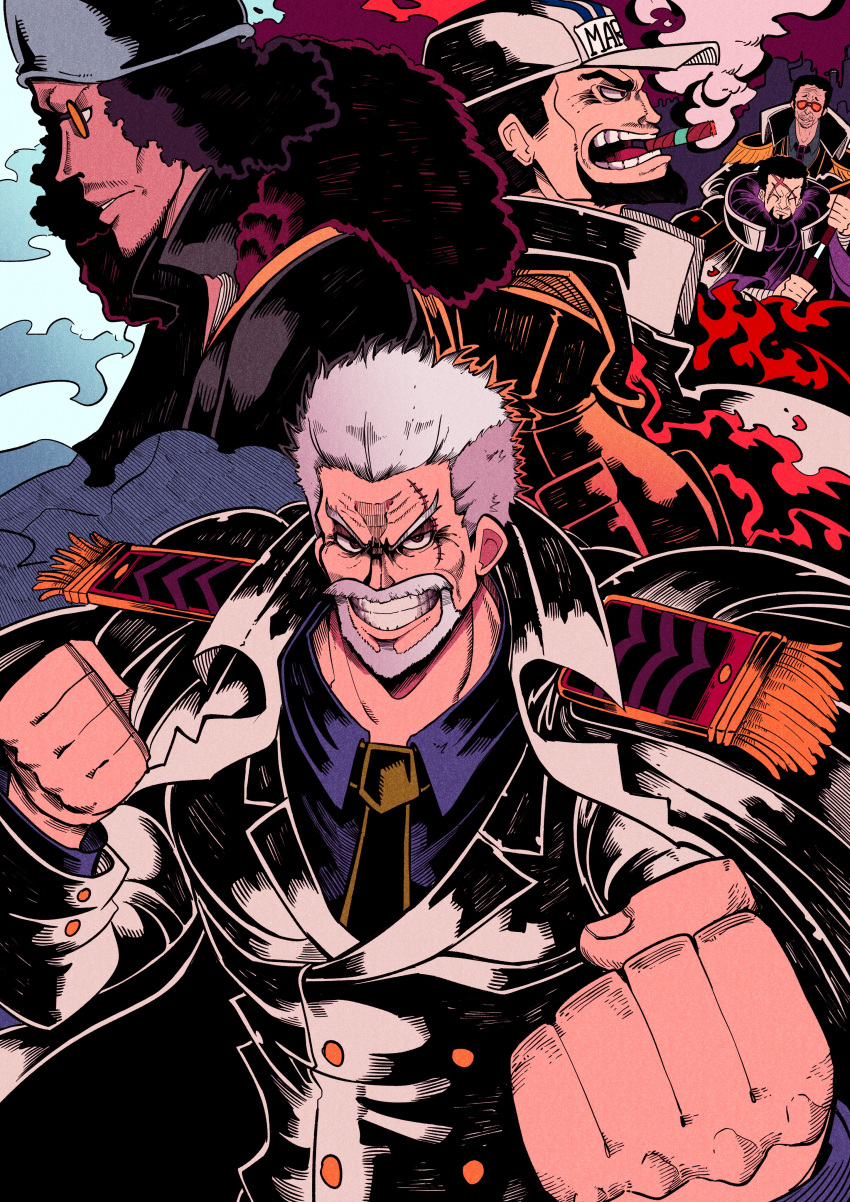 5boys, absurdres, aokiji_(one_piece), beard, black_hair, cigar, clenched_hands, collared_shirt, commentary, english_commentary, epaulettes, facial_hair, fujitora_(one_piece), hat, highres, holding, holding_sword, holding_weapon, kizaru_(one_piece), looking_at_viewer, male_focus, monkey_d._garp, multiple_boys, necktie, one_piece, sakazuki_(one_piece), scar, scar_on_face, shirt, short_hair, smoke, sword, vakodraws, weapon, white_hair