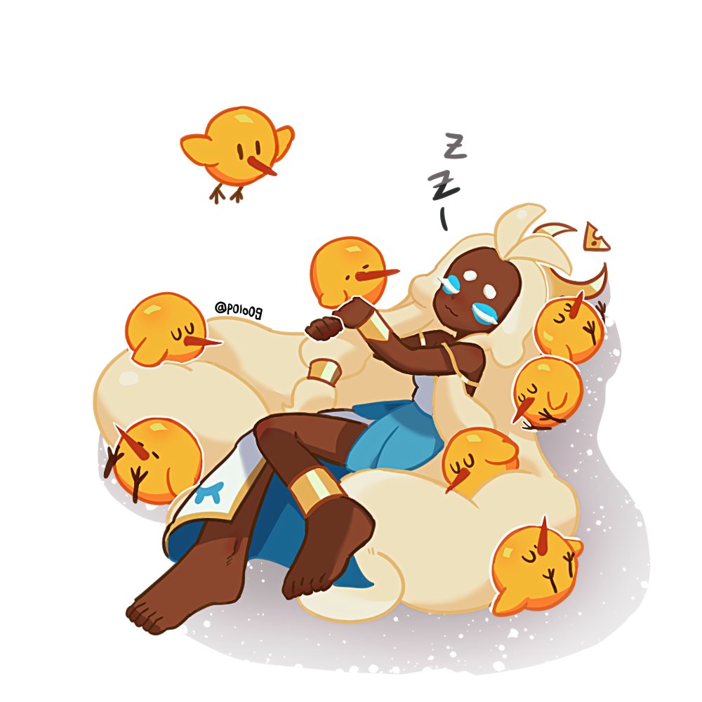 1girl, bare_shoulders, blonde_hair, cheesebird, cookie_run, cookie_run:_kingdom, dark-skinned_female, dark_skin, dress, eyeshadow, food-themed_hair, golden_feathers, humanization, jewelry, long_hair, makeup, michelin_(p0lo09), mozzarella_cookie, simple_background, sleeping, very_long_hair, white_background