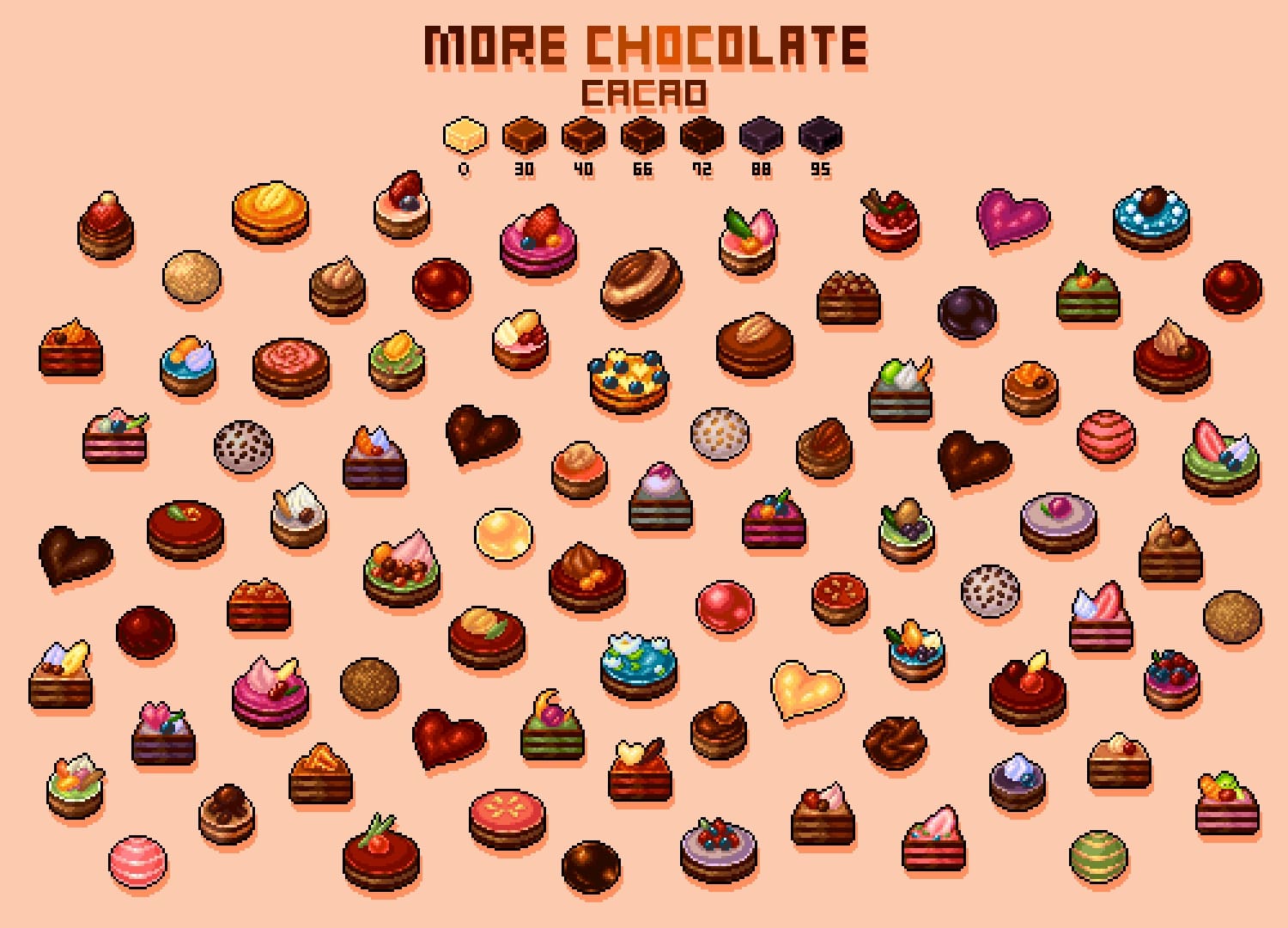 chocolate, commentary, english_commentary, english_text, food, food_focus, heart, matcha_(food), no_humans, original, pink_background, pixel_art, simple_background, sweets, whipped_cream, yuuki_mokuya