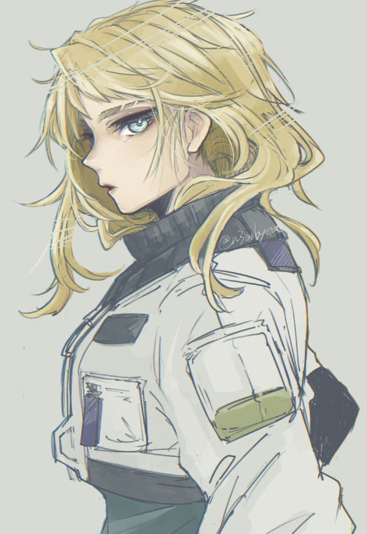 1girl, animification, arm_pouch, blonde_hair, blue_eyes, cropped_jacket, deadlock_(valorant), enpera