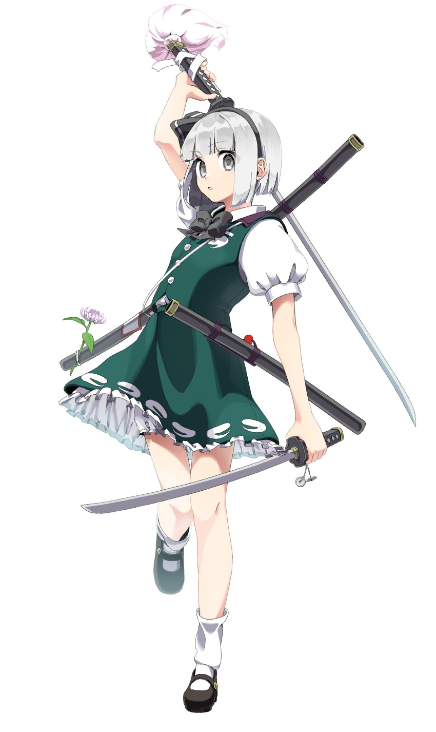 1girl, absurdres, arm_up, artist_name, black_bow, black_eyes, black_hairband, black_shoes