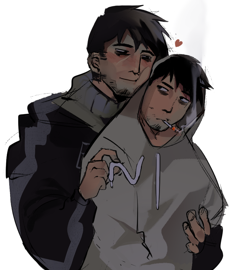 2boys, afraid_of_monsters, bags_under_eyes, black_eyes, black_hair, black_hoodie, blush, brown_hair