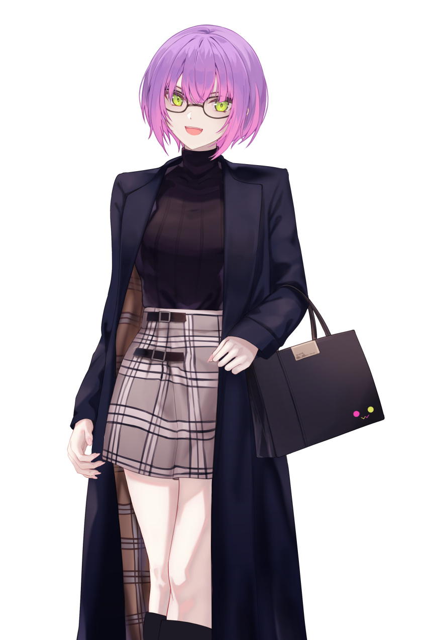1girl, :d, absurdres, alternate_costume, alternate_hairstyle, bag, black-framed_eyewear, black_bag
